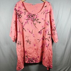 LINBLANC Women 48 Floral Print Coral Linen Tunic Top 3/4 Sleeve Button Up
